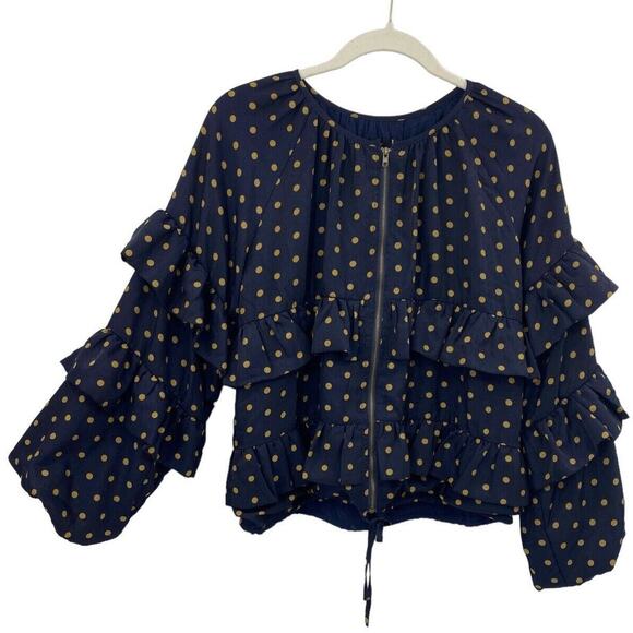 LUCCA Zip Crop Jacket Size Small Ruffle Balloon Sleeve Navy Gold Polka Dot Artsy - Picture 1 of 11